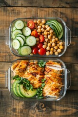 Wall Mural - Two clear glass containers filled with various food items placed on a wooden table