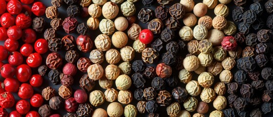 Wall Mural - A variety of colorful peppercorns displayed in a vibrant, textured mix, perfect for seasoning. Free copy space for text.