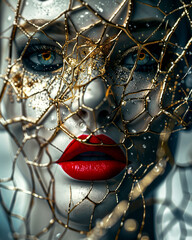 Canvas Print - A woman's face is covered in gold and red beads, with a gold mask covering her eyes. The image has a bold and dramatic feel, with the gold and red elements creating a sense of luxury and opulence