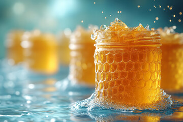 Aufkleber - Abstract jars of honey with fragmented honeycombs on a pastel green background,