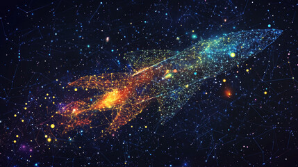 Poster - Abstract representation of a rocket as a starry sky or cosmic scene, formed from points, lines, and shapes that mimic planets, stars, and the universe. Vector illustration related to business.