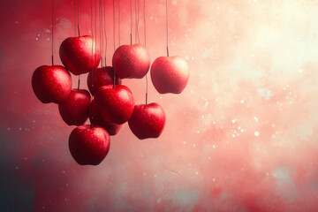 Poster - Floating apple silhouettes in a light pastel red sky,