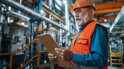 A man in an orange safety vest is holding a clipboard and looking at it