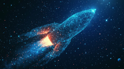 Poster - Abstract representation of a rocket as a starry sky or cosmic scene, formed from points, lines, and shapes that mimic planets, stars, and the universe. Vector illustration related to business.