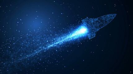 Poster - Abstract representation of a rocket as a starry sky or cosmic scene, formed from points, lines, and shapes that mimic planets, stars, and the universe. Vector illustration related to business.