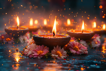 Wall Mural - A close-up of traditional diya lamps emitting a warm glow, surrounded by soft bokeh lights and scattered flower petals. The image captures the serene and festive essence of Diwali