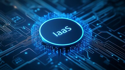 Poster - Futuristic IaaS concept with glowing circuit lines on a microchip, symbolizing infrastructure as a service in cloud computing