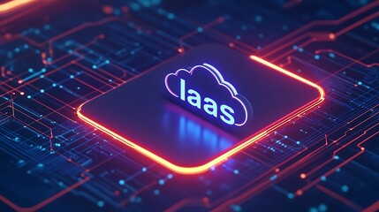 Poster - Futuristic IaaS concept with vibrant circuits and cloud icon. Technology infrastructure as a service background.