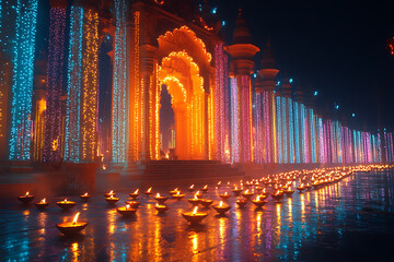 Wall Mural - A close-up of traditional diya lamps emitting a warm glow, surrounded by soft bokeh lights and scattered flower petals. The image captures the serene and festive essence of Diwali