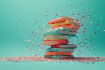 Fototapete - Floating book stacks in a light pastel green sky,