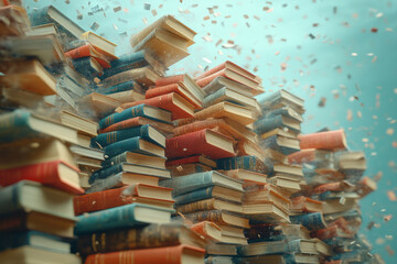 Leinwandbilder - Floating book stacks in a light pastel green sky,