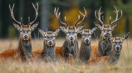 Group of majestic red deer stags with velvet antlers in forest setting