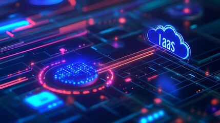 High-tech IaaS cloud computing interface with neon lights and virtual pathways, representing advanced infrastructure as a service technology.