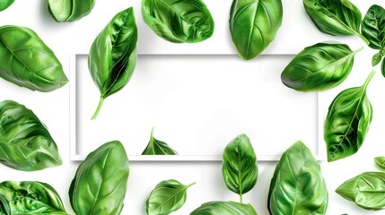 Wall Mural - Fresh Basil Leaves Bordering a White Background