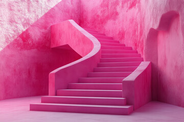 Poster - Fragmented upward steps forming geometric patterns on a pastel pink surface,