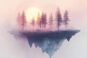 Wall Mural - Floating trees in a light pastel lavender sky,