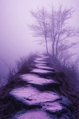 Poster - Abstract paths through forests dissolving into a pale lavender landscape,
