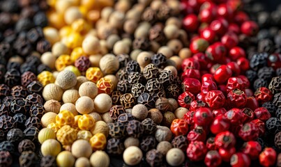 Wall Mural - A variety of colorful peppercorns displayed in a vibrant, textured mix, perfect for seasoning. Free copy space for text.