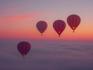  Colorful hot air balloons floating gracefully at sunset over a misty landscape with a beautiful gradient sky