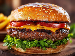 Close-up of a tasty and delicious hamburger with a juicy beef patty, fresh lettuce, tomatoes, and melted cheese