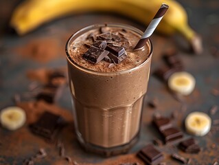 Wall Mural - Delicious chocolate banana smoothie topped with chocolate pieces beside fresh banana and cocoa powder on rustic surface