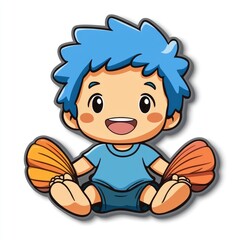 Poster - Cute Cartoon Boy with Blue Hair and Shells