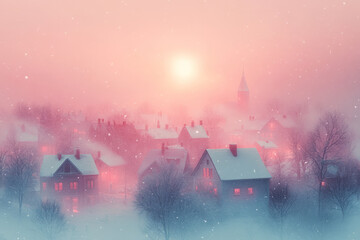 Aufkleber - Abstract snow-covered rooftops dissolving into a pale red evening,