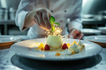 Pastry chef is adding a final touch to a gourmet dessert, garnishing it with a fresh mint sprig