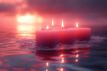 Poster - Floating holiday candles in a light pastel red sky,