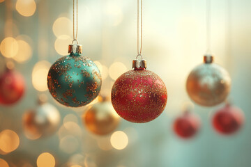 Aufkleber - Floating Christmas tree ornaments in a light pastel gold sky,