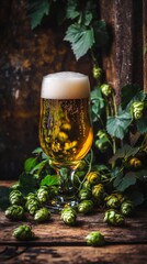 Canvas Print - Glass of beer standing on wooden plank with fresh hops decoration