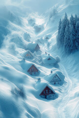 Poster - Dissolving snow-covered villages blending into a soft pastel blue mist,
