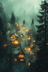 Aufkleber - Dissolving Christmas village lights blending into a soft pastel green mist,