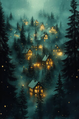 Poster - Dissolving Christmas village lights blending into a soft pastel green mist,