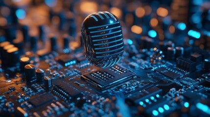 For Blue Dark Digital Macro: Microphone on electronic circuit board with blue light