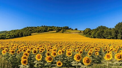 Wall Mural - A vast expanse of vibrant sunflower fields, their yellow faces turned towards the sun, with a deep blue sky as the backdrop.