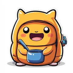 Sticker - Cute Yellow Cartoon Character with Backpack and Mug