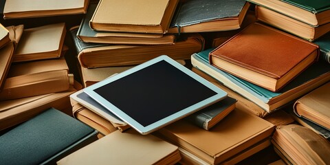 Canvas Print - A close-up image showcasing digital learning tools like e-readers and tablets, surrounded by a multitude of traditional books, representing the evolution of education 