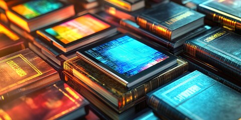 Poster - A close-up image showcasing digital learning tools like e-readers and tablets, surrounded by a multitude of traditional books, representing the evolution of education