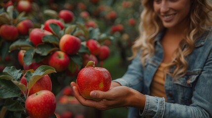 Wall Mural - Woman holding a fresh apple in an orchard during harvest season