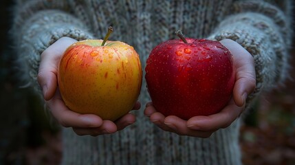 Hands holding two fresh apples with water droplets outdoors