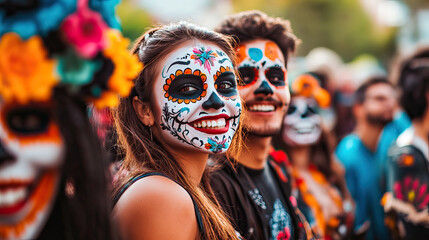 Group of friends celebrating the Day of the Dead in the street