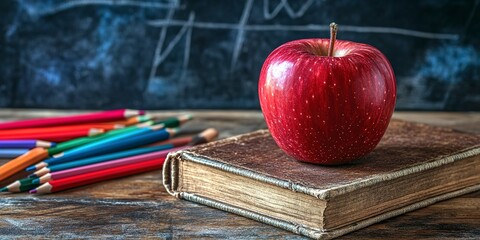 Wall Mural - A red apple sits on an old book amidst scattered colored pencils in front of a vintage style blackboard, symbolizing traditional education and timeless learning tools.