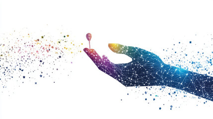 Poster - Abstract network of lines and dots forming a hand holding a pin on a white backdrop with text. The illustration depicts a celestial scene or space with stars and the universe. Vector business graphic.