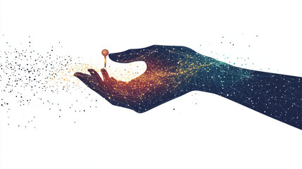 Poster - Abstract network of lines and dots forming a hand holding a pin on a white backdrop with text. The illustration depicts a celestial scene or space with stars and the universe. Vector business graphic.