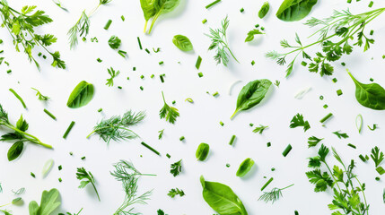 A white background with a variety of greenery scattered everywhere. Arugula leaves, spinach, parsley, coriander, dill and green onions are on a white table