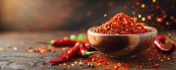 Wall Mural - Spicy red chili powder in a wooden bowl surrounded by fresh red chilies on a rustic table.