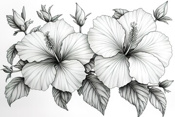 The image is a black and white drawing of two hibiscus flowers