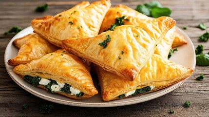 Poster - A plate of freshly baked puff pastry turnovers filled with spinach and cheese, garnished with parsley.