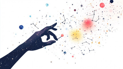 Poster - Abstract network of lines and dots forming a hand holding a pin on a white backdrop with text. The illustration depicts a celestial scene or space with stars and the universe. Vector business graphic.